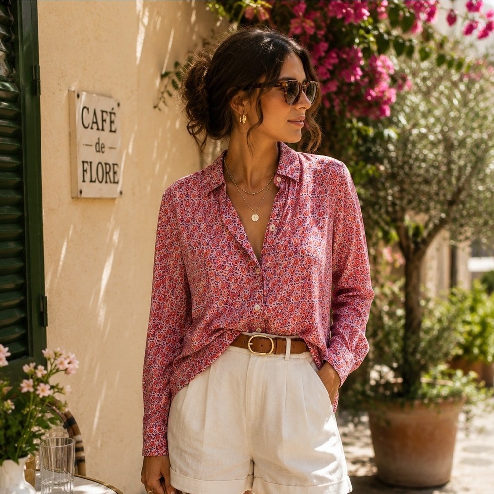 Holding Horses Anthropologie Red Purple Floral Cotton Button Down Shirt Size 8